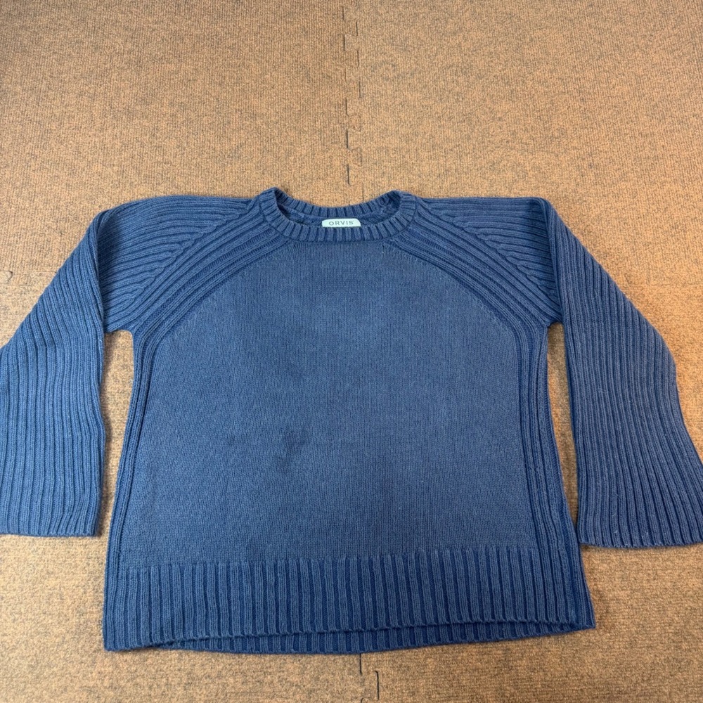 Orvis Cotton Crewneck Sweater Mens Medium Blue Ribbed Raglan Knit 3GHL Peru